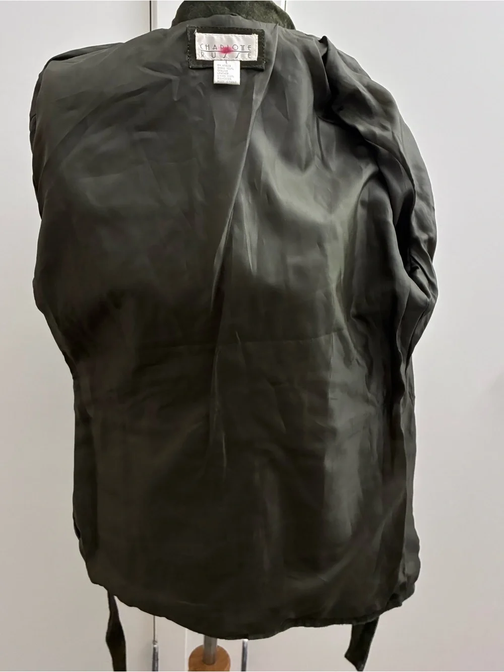 Vtg Charlotte Russe Large Jacket Olive Green Suede Genuine Leather‎ Tie Waist